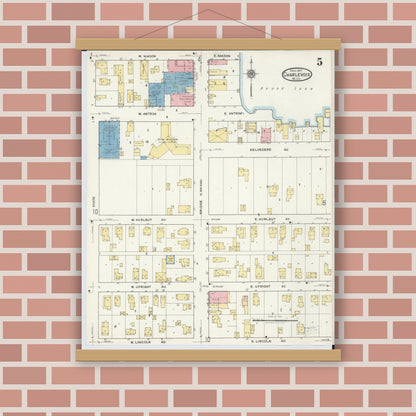 Old map wall art mockup — magnetic wood frame on brick wall — Sanborn Fire Insurance Map from Charlevoix, Charlevoix County, Michigan (1917), Sheet #0005