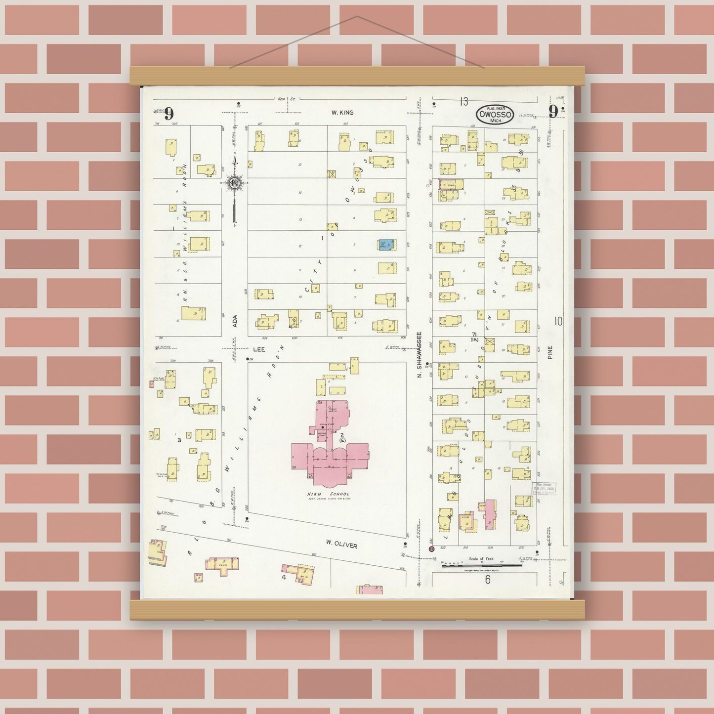 Old map wall art mockup — magnetic wood frame on brick wall — Sanborn Fire Insurance Map from Owosso, Shiawassee County, Michigan (1924), Sheet #0009