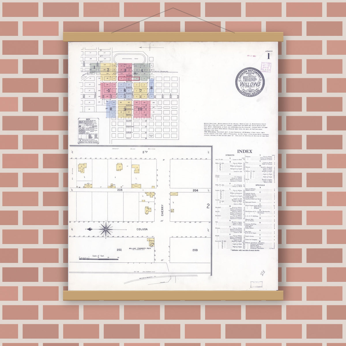 Old map wall art mockup — magnetic wood frame on brick wall — Sanborn Fire Insurance Map from Willows, Glenn County, California (1907) - Complete Map Set