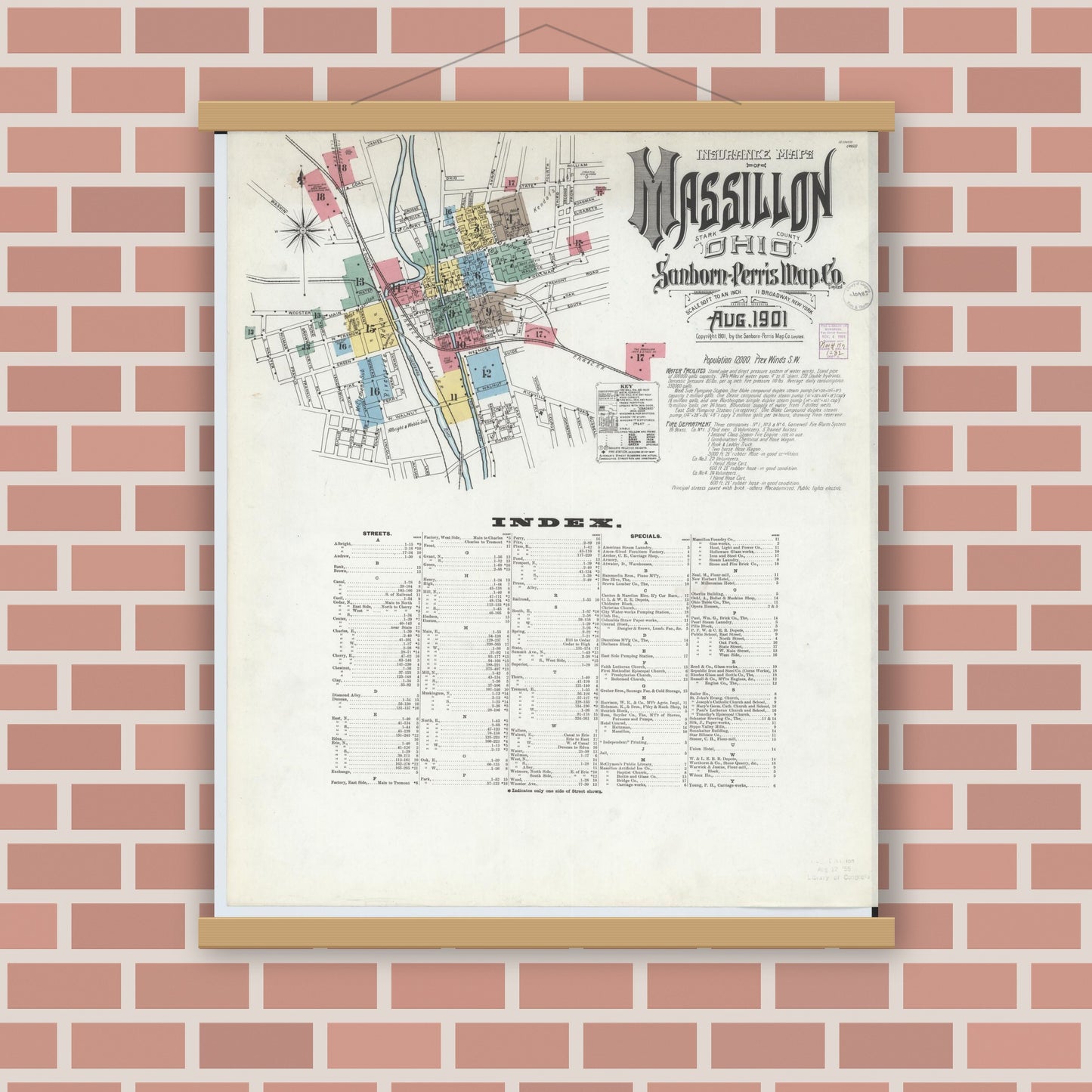 Old map wall art mockup — magnetic wood frame on brick wall — Sanborn Fire Insurance Map from Massillon, Stark County, Ohio (1901), Sheet #0001