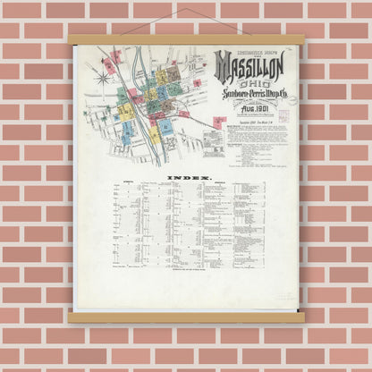 Old map wall art mockup — magnetic wood frame on brick wall — Sanborn Fire Insurance Map from Massillon, Stark County, Ohio (1901), Sheet #0001