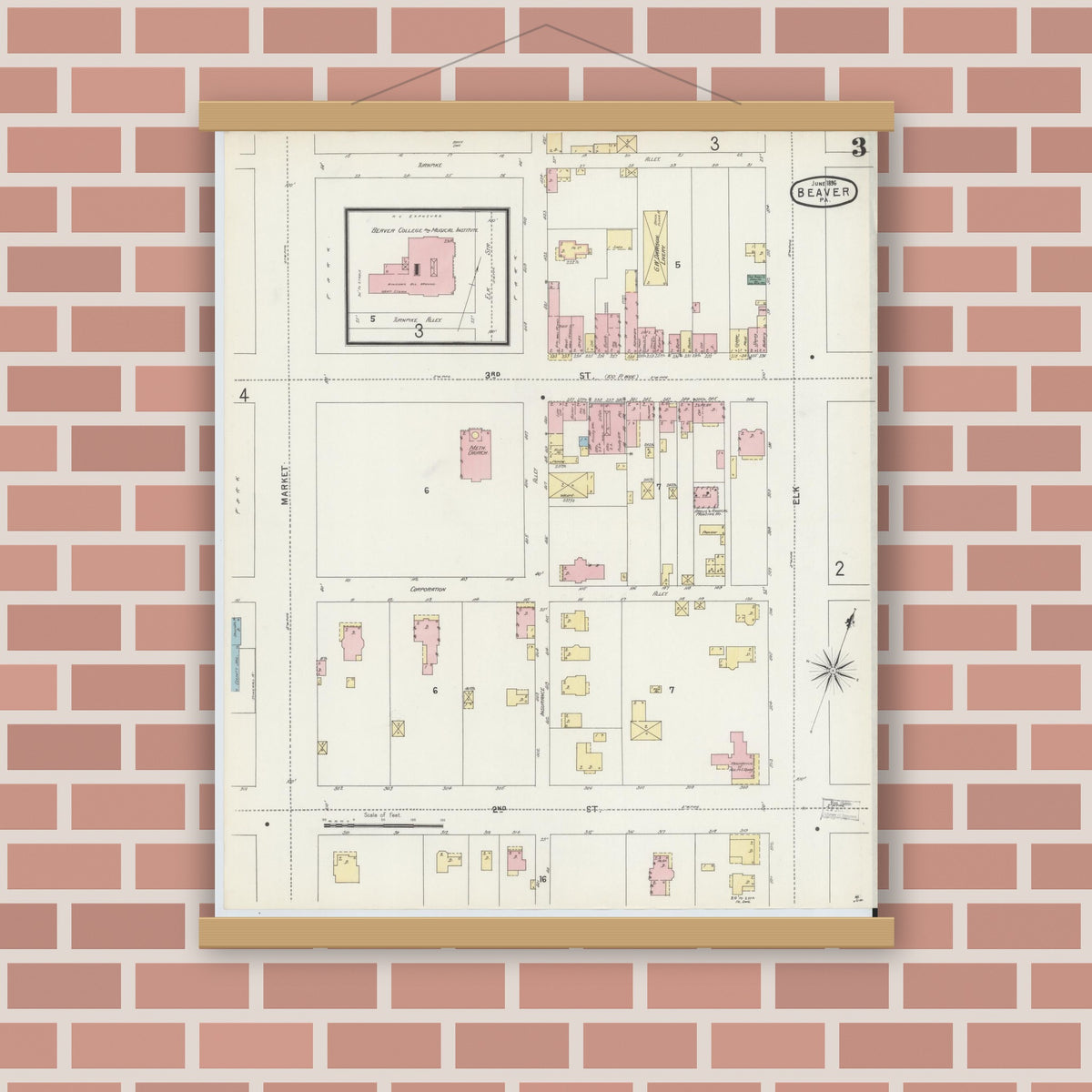 Old map wall art mockup — magnetic wood frame on brick wall — Sanborn Fire Insurance Map from Beaver, Beaver County, Pennsylvania (1896), Sheet #0003