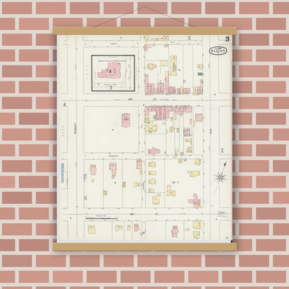 Old map wall art mockup — magnetic wood frame on brick wall — Sanborn Fire Insurance Map from Beaver, Beaver County, Pennsylvania (1896), Sheet #0003