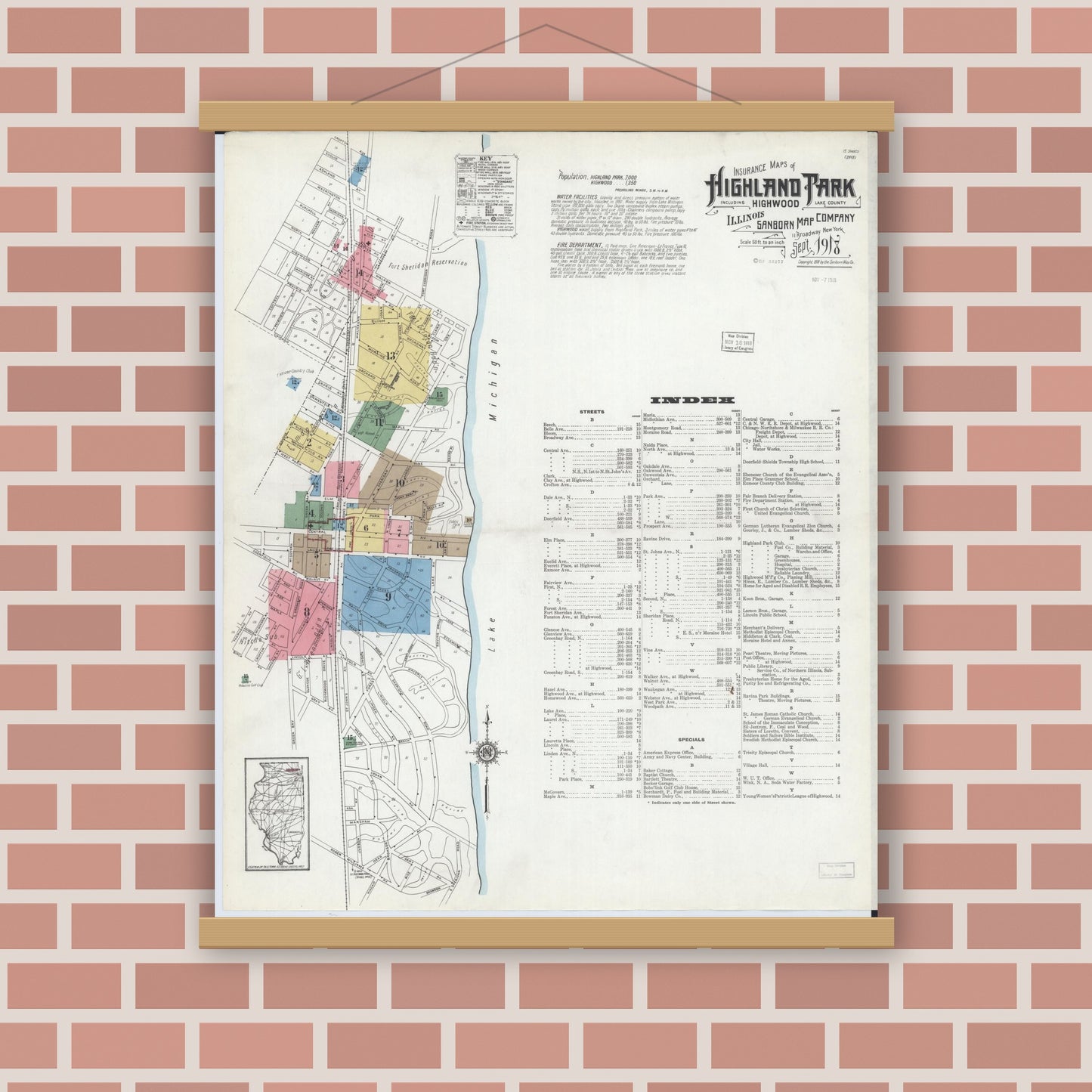 Old map wall art mockup — magnetic wood frame on brick wall — Sanborn Fire Insurance Map from Highland Park, Lake County, Illinois (1918), Sheet #0001