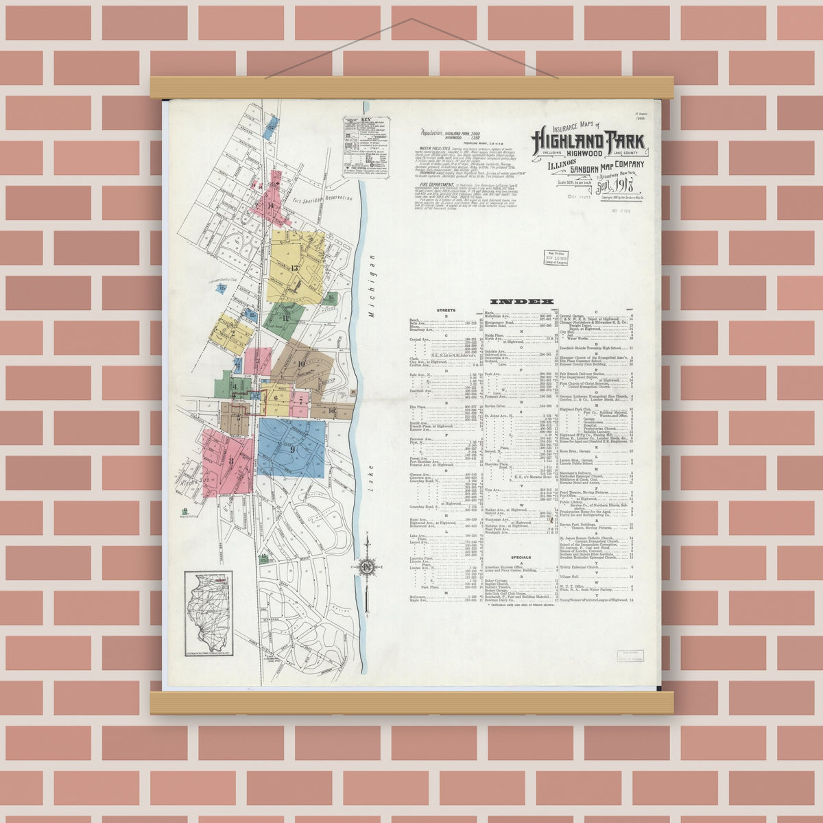 Old map wall art mockup — magnetic wood frame on brick wall — Sanborn Fire Insurance Map from Highland Park, Lake County, Illinois (1918), Sheet #0001