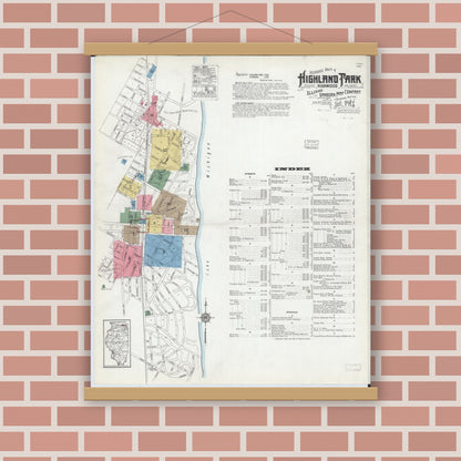 Old map wall art mockup — magnetic wood frame on brick wall — Sanborn Fire Insurance Map from Highland Park, Lake County, Illinois (1918), Sheet #0001