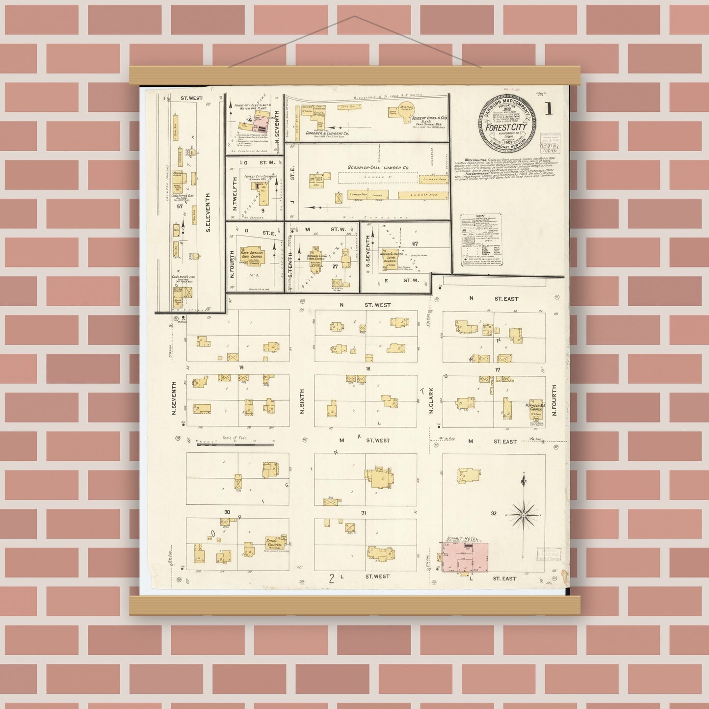 Old map wall art mockup — magnetic wood frame on brick wall — Sanborn Fire Insurance Map from Forest City, Winnebago County, Iowa (1907) â€” Complete Set