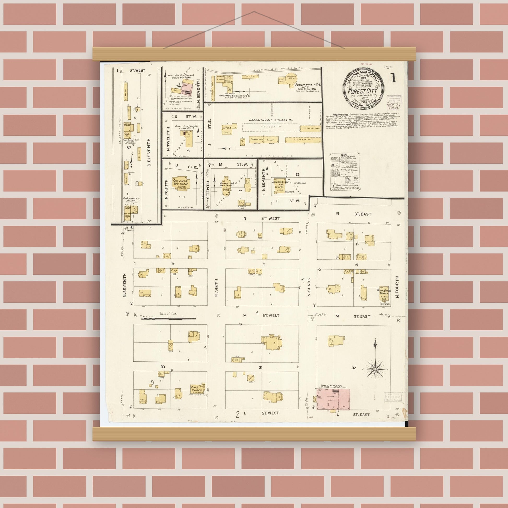 Old map wall art mockup — magnetic wood frame on brick wall — Sanborn Fire Insurance Map from Forest City, Winnebago County, Iowa (1907) â€” Complete Set