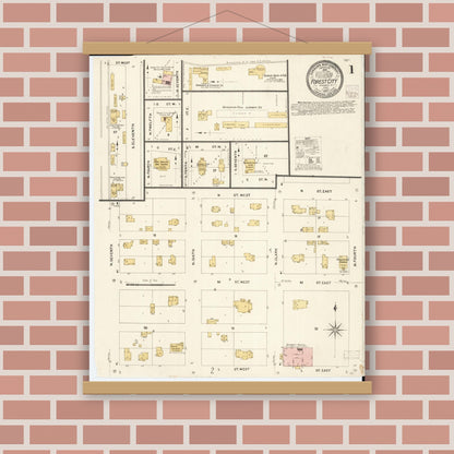 Old map wall art mockup — magnetic wood frame on brick wall — Sanborn Fire Insurance Map from Forest City, Winnebago County, Iowa (1907) â€” Complete Set