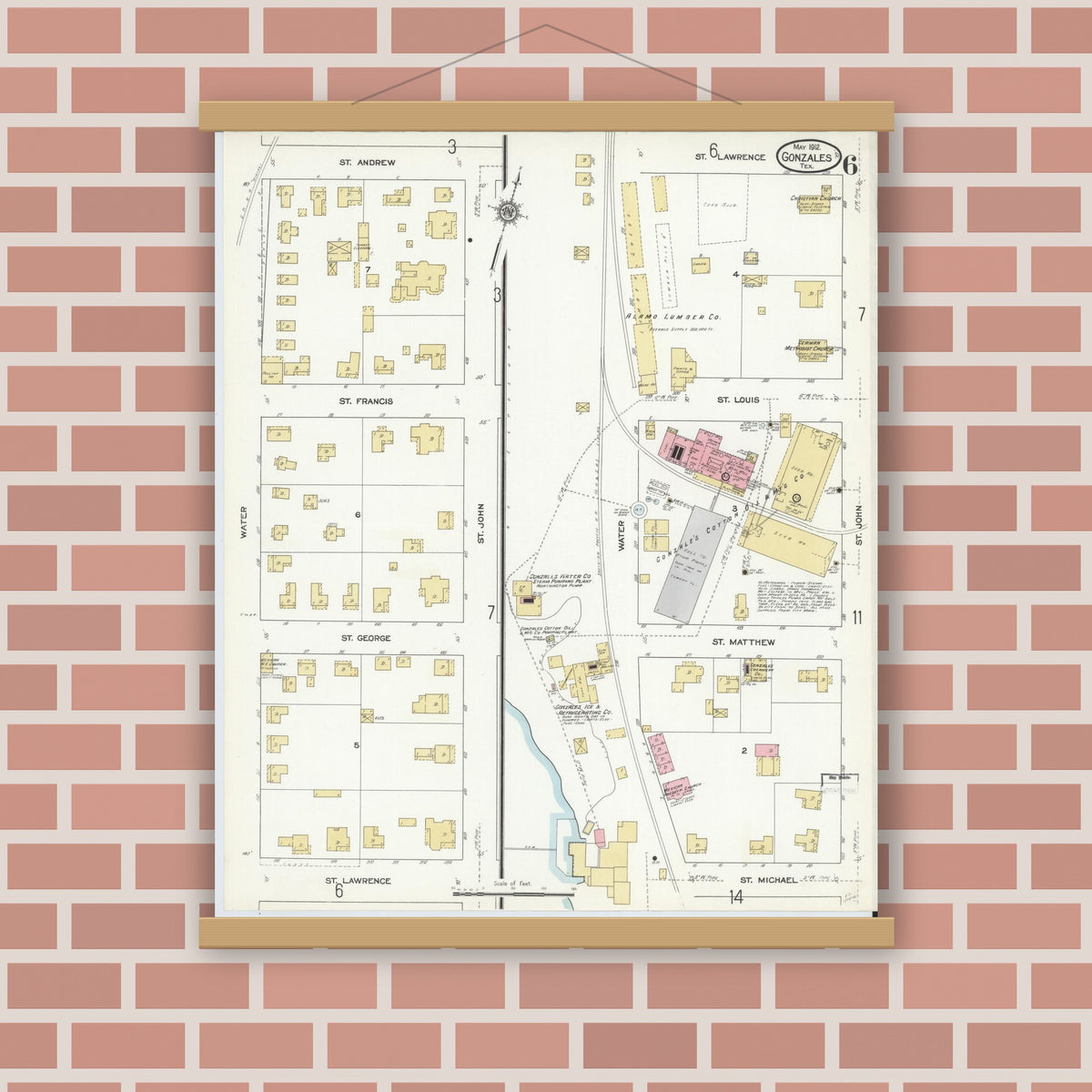 Old map wall art mockup — magnetic wood frame on brick wall — Sanborn Fire Insurance Map from Gonzales, Gonzales County, Texas (1912), Sheet #0006