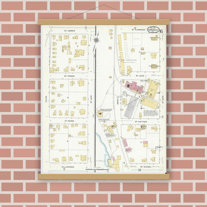 Old map wall art mockup — magnetic wood frame on brick wall — Sanborn Fire Insurance Map from Gonzales, Gonzales County, Texas (1912), Sheet #0006