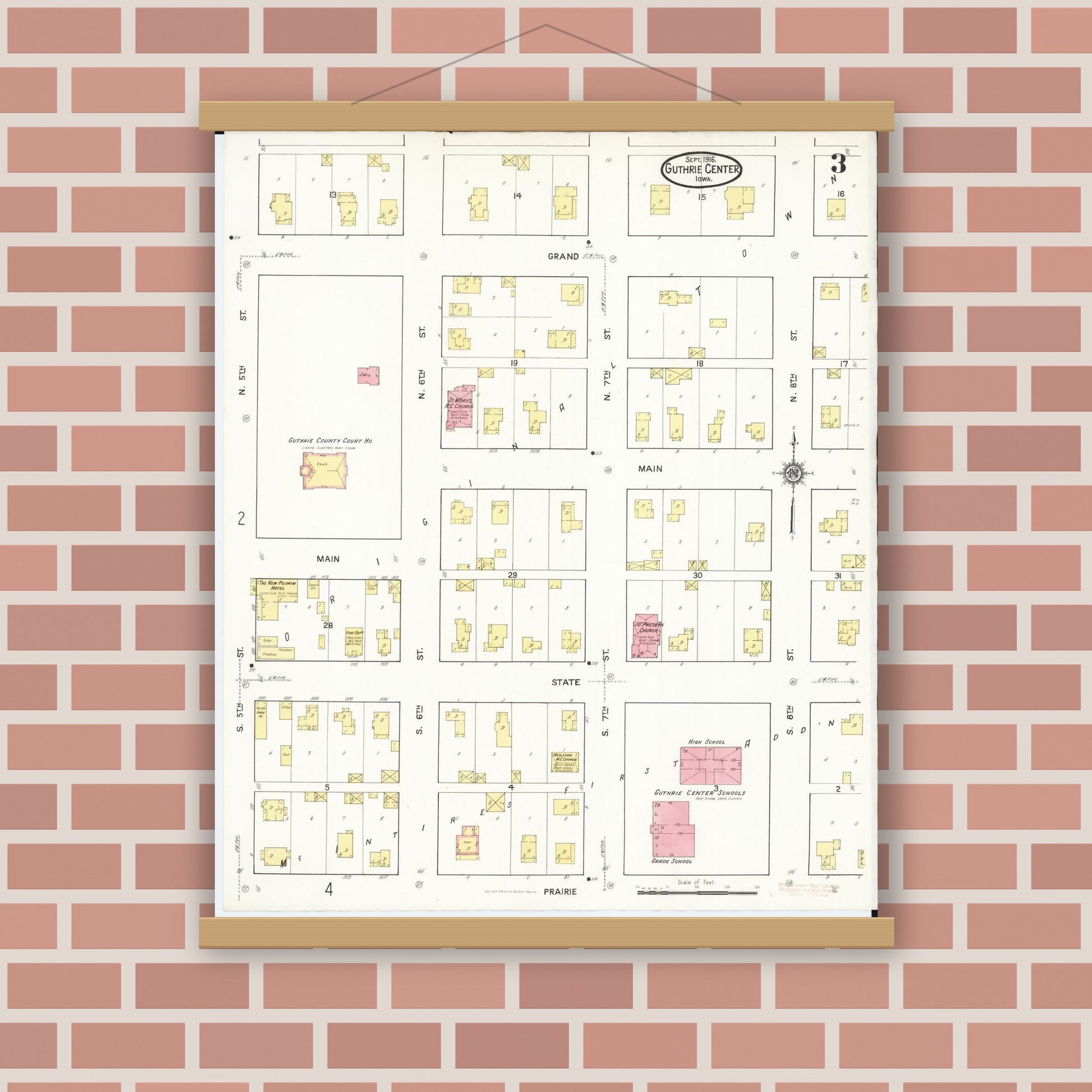 Old map wall art mockup — magnetic wood frame on brick wall — Sanborn Fire Insurance Map from Guthrie Center, Guthrie County, Iowa (1916), Sheet #0003