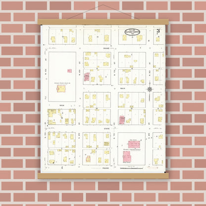 Old map wall art mockup — magnetic wood frame on brick wall — Sanborn Fire Insurance Map from Guthrie Center, Guthrie County, Iowa (1916), Sheet #0003