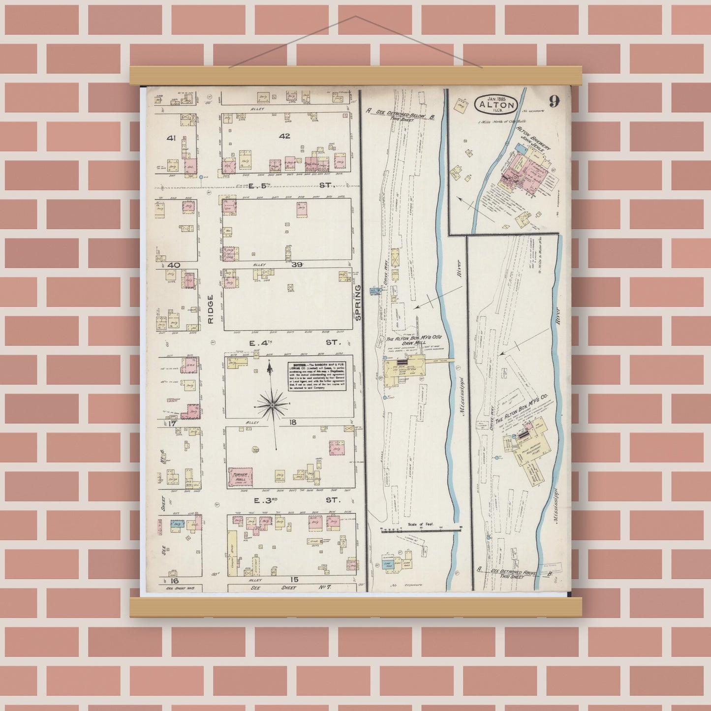 Old map wall art mockup — magnetic wood frame on brick wall — Sanborn Fire Insurance Map from Alton, Madison County, Illinois (1885), Sheet #0009