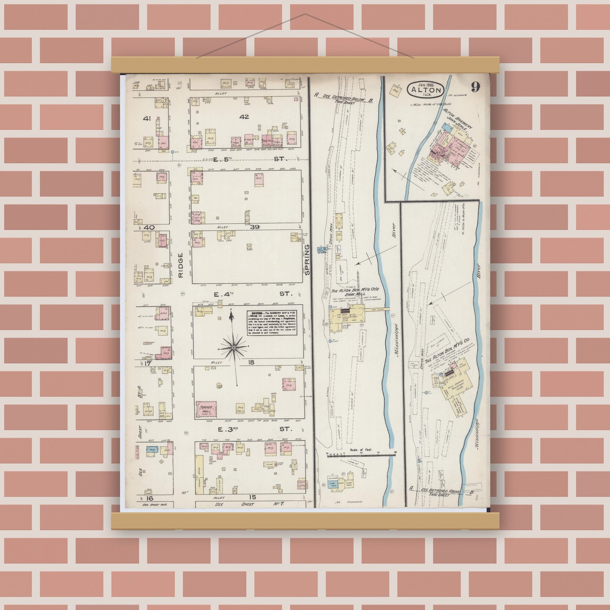 Old map wall art mockup — magnetic wood frame on brick wall — Sanborn Fire Insurance Map from Alton, Madison County, Illinois (1885), Sheet #0009