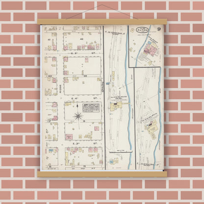Old map wall art mockup — magnetic wood frame on brick wall — Sanborn Fire Insurance Map from Alton, Madison County, Illinois (1885), Sheet #0009