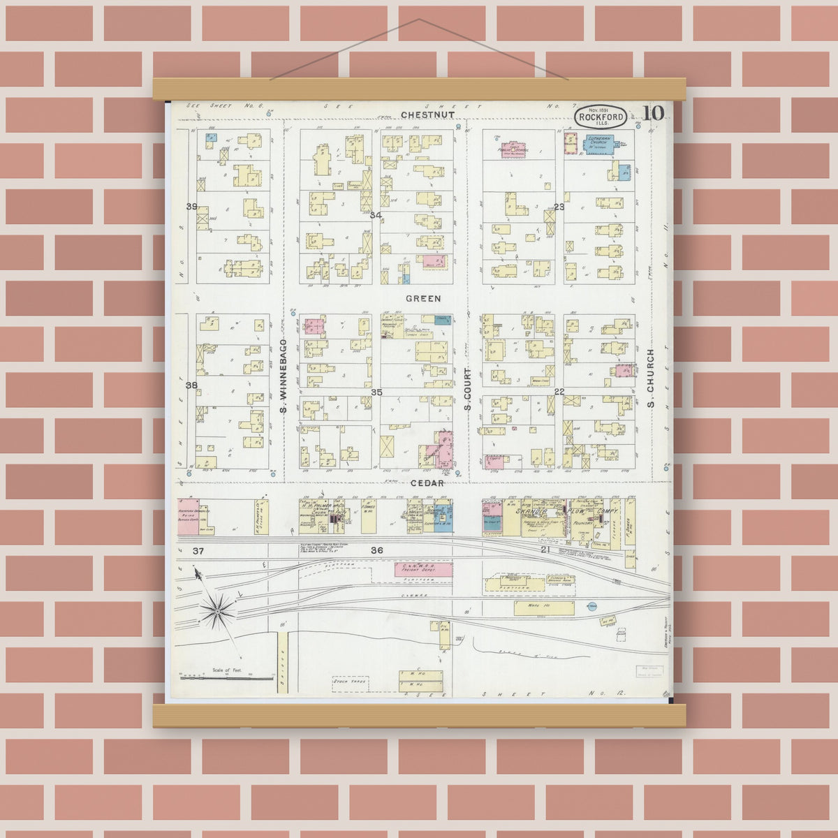 Old map wall art mockup — magnetic wood frame on brick wall — Sanborn Fire Insurance Map from Rockford, Winnebago County, Illinois (1891), Sheet #0010