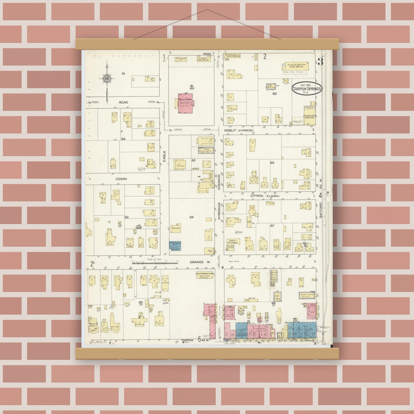 Old map wall art mockup — magnetic wood frame on brick wall — Sanborn Fire Insurance Map from Tarpon Springs, Pinellas County, Florida (1913), Sheet #0003