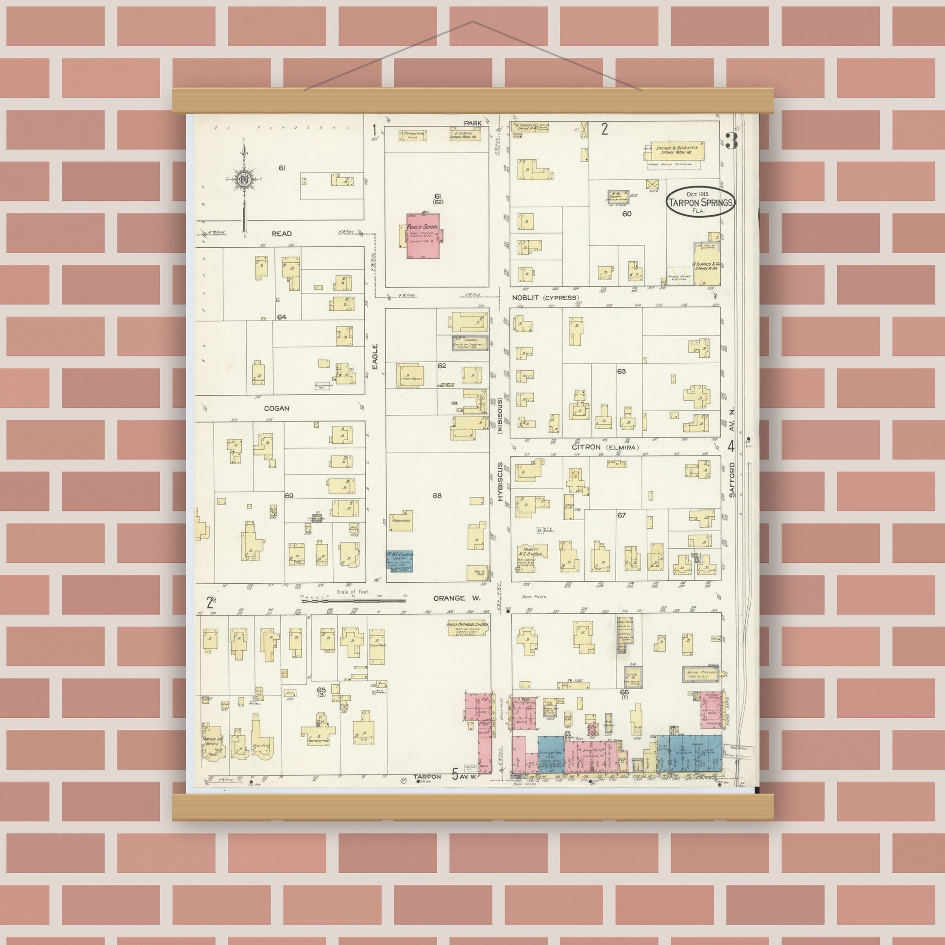 Old map wall art mockup — magnetic wood frame on brick wall — Sanborn Fire Insurance Map from Tarpon Springs, Pinellas County, Florida (1913), Sheet #0003
