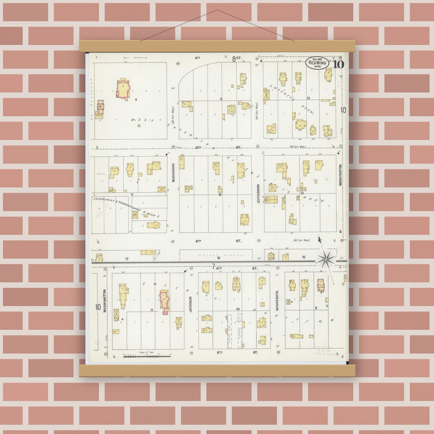 Old map wall art mockup — magnetic wood frame on brick wall — Sanborn Fire Insurance Map from Red Wing, Goodhue County, Minnesota (1902), Sheet #0010