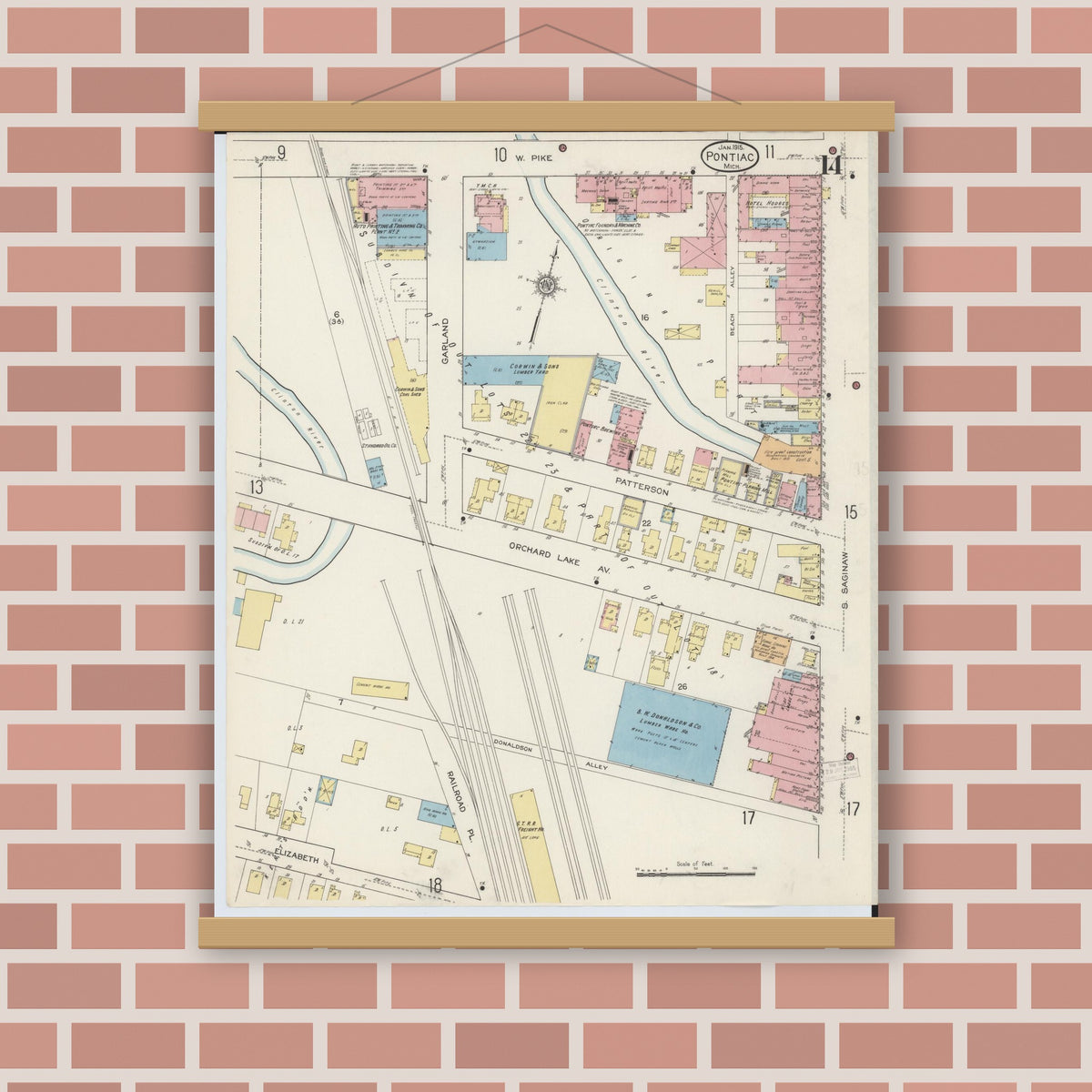 Old map wall art mockup — magnetic wood frame on brick wall — Sanborn Fire Insurance Map from Pontiac, Oakland County, Michigan (1915), Sheet #0014