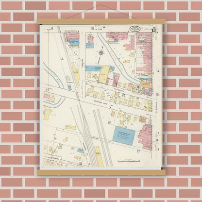Old map wall art mockup — magnetic wood frame on brick wall — Sanborn Fire Insurance Map from Pontiac, Oakland County, Michigan (1915), Sheet #0014
