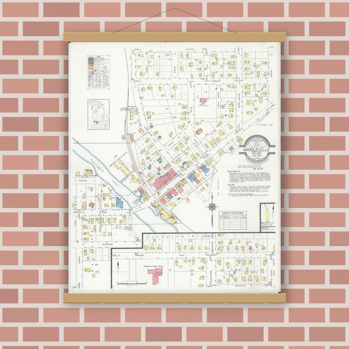 Old map wall art mockup — magnetic wood frame on brick wall — Sanborn Fire Insurance Map from Middleville, Barry County, Michigan (1934), Sheet #0001