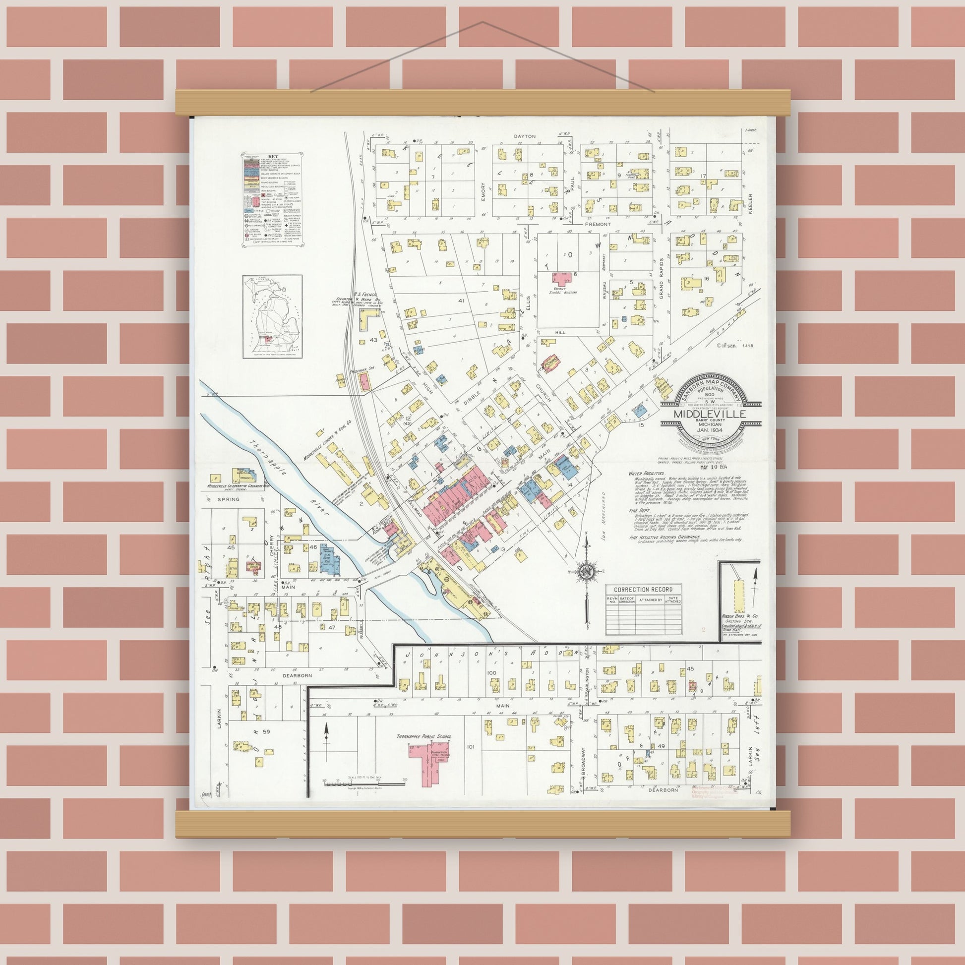 Old map wall art mockup — magnetic wood frame on brick wall — Sanborn Fire Insurance Map from Middleville, Barry County, Michigan (1934), Sheet #0001