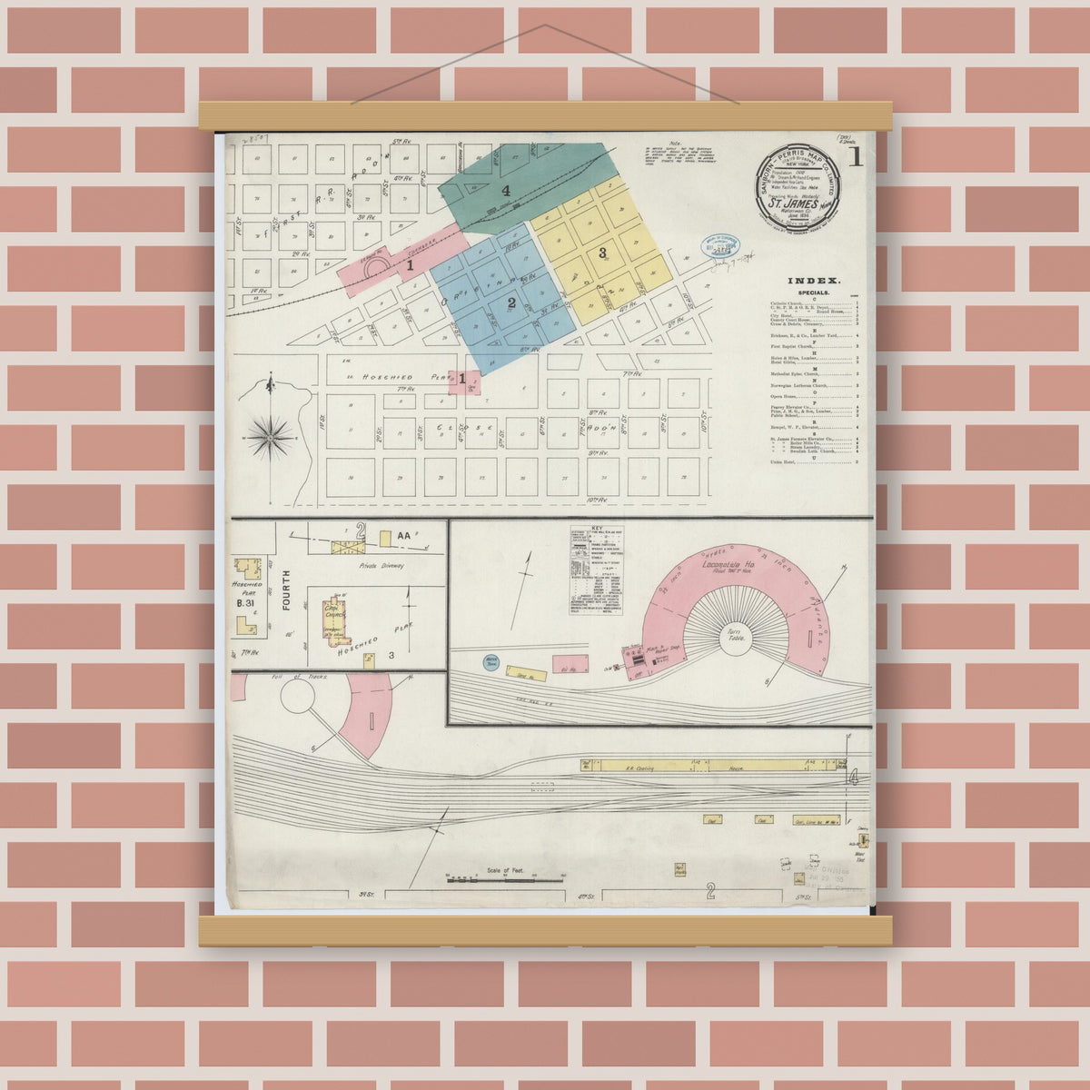 Old map wall art mockup — magnetic wood frame on brick wall — Sanborn Fire Insurance Map from Saint James, Watonwan County, Minnesota (1894), Sheet #0001