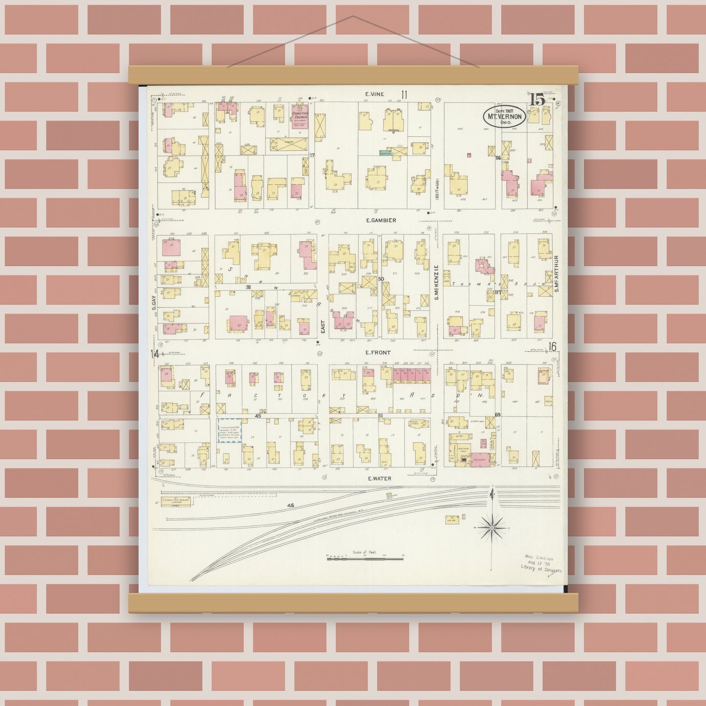 Old map wall art mockup — magnetic wood frame on brick wall — Sanborn Fire Insurance Map from Mount Vernon, Knox County, Ohio (1907), Sheet #0015