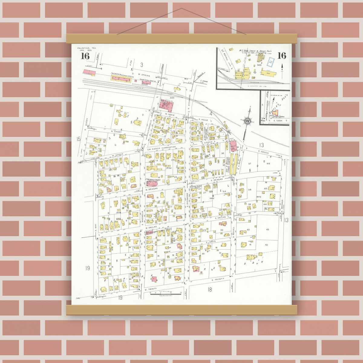 Old map wall art mockup — magnetic wood frame on brick wall — Sanborn Fire Insurance Map from Palestine, Anderson County, Texas (1935), Sheet #0016