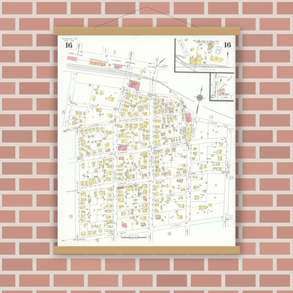 Old map wall art mockup — magnetic wood frame on brick wall — Sanborn Fire Insurance Map from Palestine, Anderson County, Texas (1935), Sheet #0016