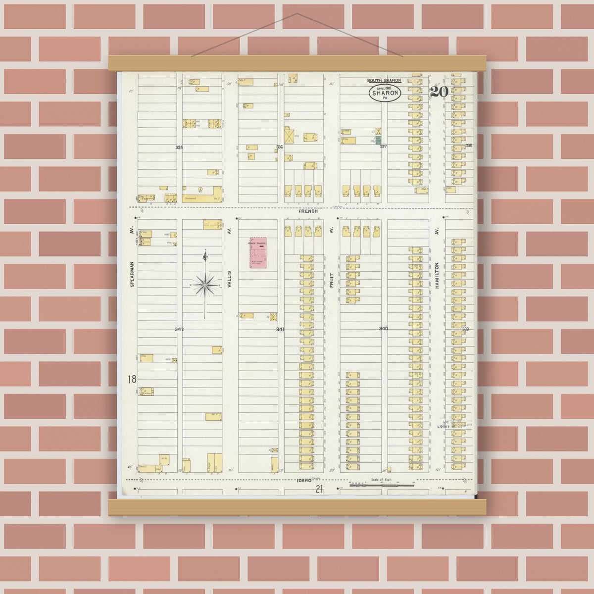 Old map wall art mockup — magnetic wood frame on brick wall — Sanborn Fire Insurance Map from Sharon, Mercer County, Pennsylvania (1903), Sheet #0020