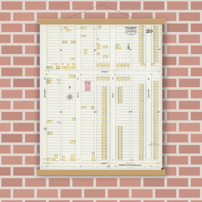 Old map wall art mockup — magnetic wood frame on brick wall — Sanborn Fire Insurance Map from Sharon, Mercer County, Pennsylvania (1903), Sheet #0020