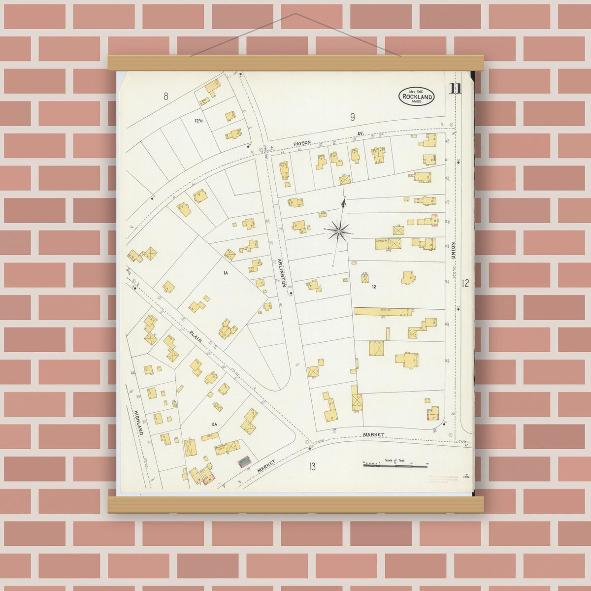 Old map wall art mockup — magnetic wood frame on brick wall — Sanborn Fire Insurance Map from Rockland, Plymouth County, Massachusetts (1906), Sheet #0011