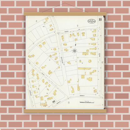 Old map wall art mockup — magnetic wood frame on brick wall — Sanborn Fire Insurance Map from Rockland, Plymouth County, Massachusetts (1906), Sheet #0011