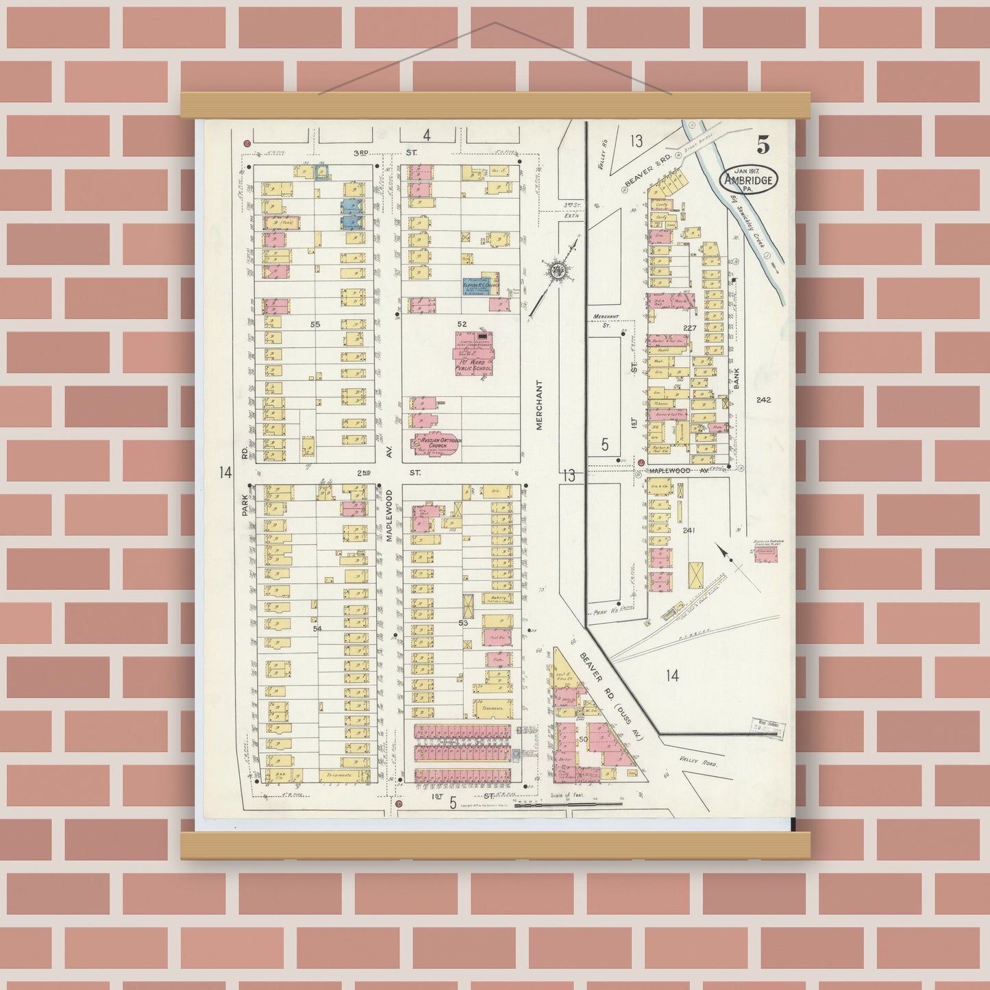Old map wall art mockup — magnetic wood frame on brick wall — Sanborn Fire Insurance Map from Ambridge, Beaver County, Pennsylvania (1917), Sheet #0005