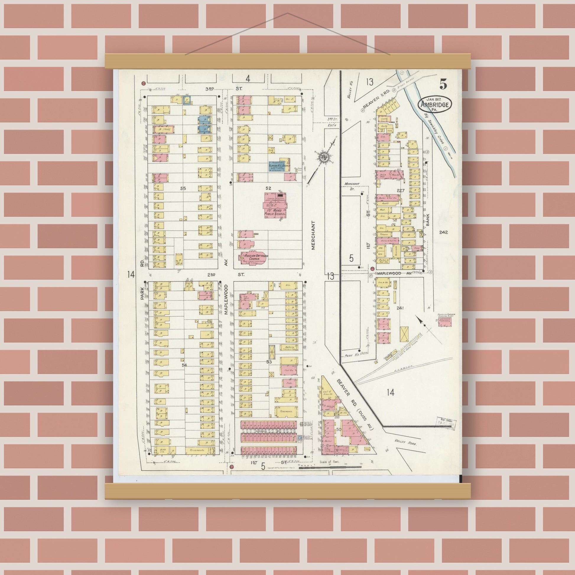 Old map wall art mockup — magnetic wood frame on brick wall — Sanborn Fire Insurance Map from Ambridge, Beaver County, Pennsylvania (1917), Sheet #0005