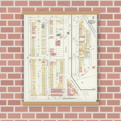 Old map wall art mockup — magnetic wood frame on brick wall — Sanborn Fire Insurance Map from Ambridge, Beaver County, Pennsylvania (1917), Sheet #0005