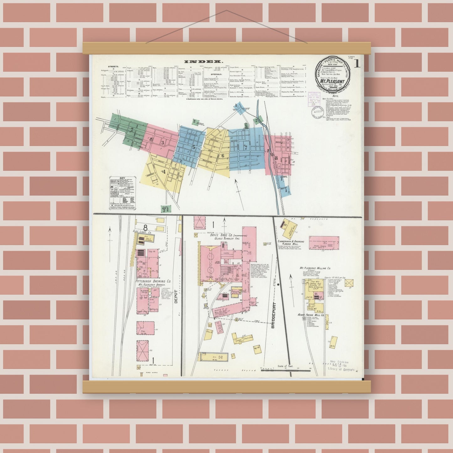 Old map wall art mockup — magnetic wood frame on brick wall — Sanborn Fire Insurance Map from Mount Pleasant, Westmoreland County, Pennsylvania (1901) - Complete Map Set