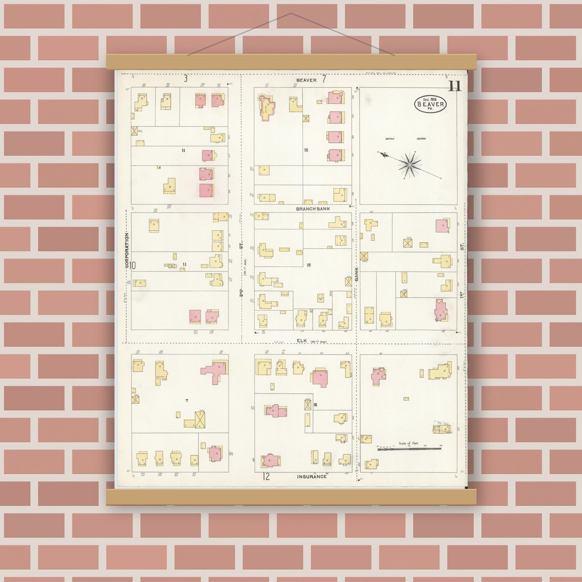 Old map wall art mockup — magnetic wood frame on brick wall — Sanborn Fire Insurance Map from Beaver, Beaver County, Pennsylvania (1906), Sheet #0011