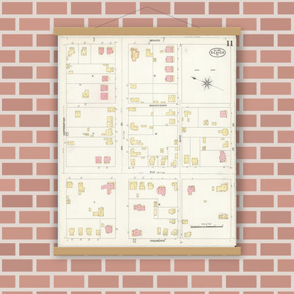 Old map wall art mockup — magnetic wood frame on brick wall — Sanborn Fire Insurance Map from Beaver, Beaver County, Pennsylvania (1906), Sheet #0011