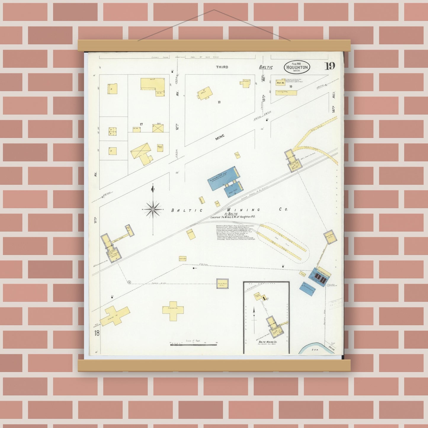 Old map wall art mockup — magnetic wood frame on brick wall — Sanborn Fire Insurance Map from Houghton, Houghton County, Michigan (1908), Sheet #0019