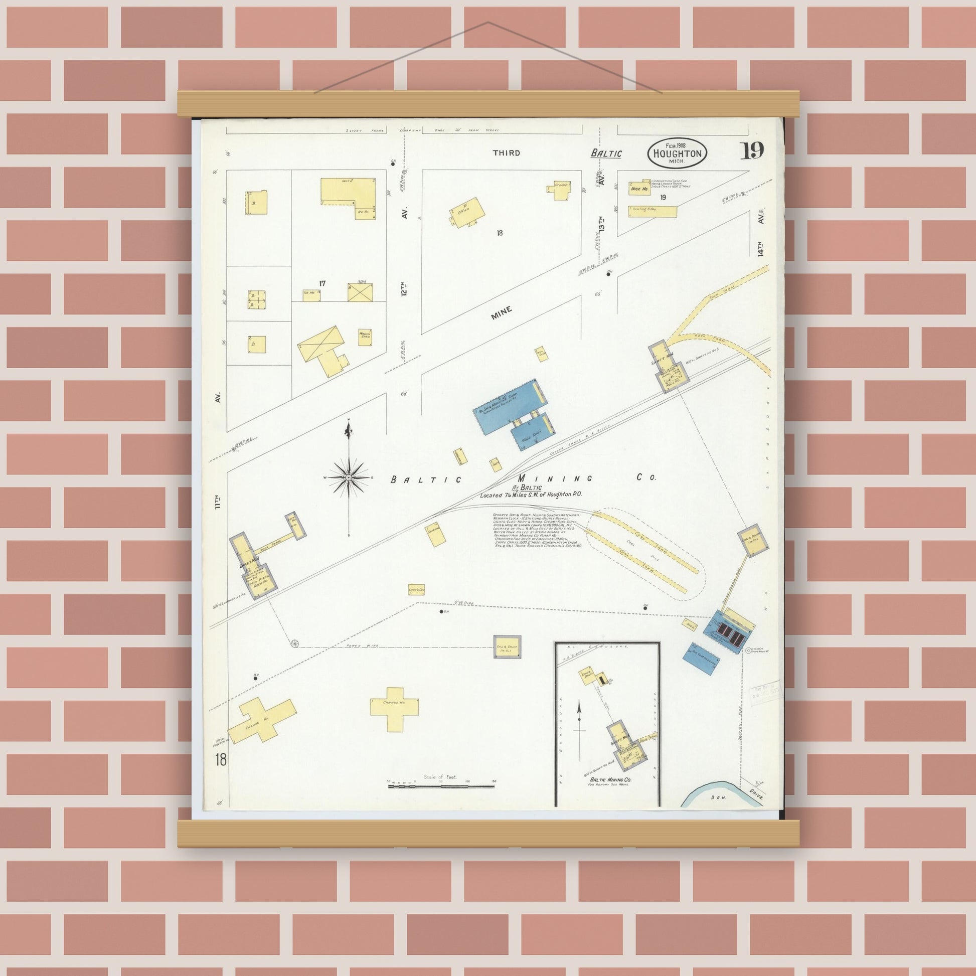 Old map wall art mockup — magnetic wood frame on brick wall — Sanborn Fire Insurance Map from Houghton, Houghton County, Michigan (1908), Sheet #0019