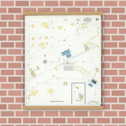 Old map wall art mockup — magnetic wood frame on brick wall — Sanborn Fire Insurance Map from Houghton, Houghton County, Michigan (1908), Sheet #0019
