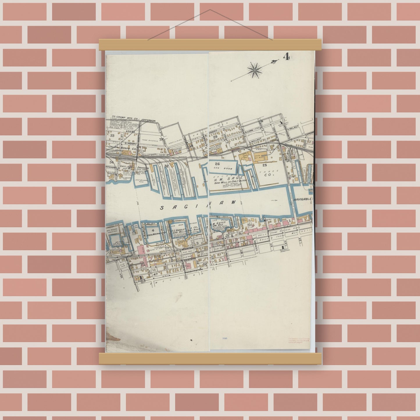 Old map wall art mockup — magnetic wood frame on brick wall — Sanborn Fire Insurance Map from Bay City, Bay County, Michigan (1895), Sheet #0004