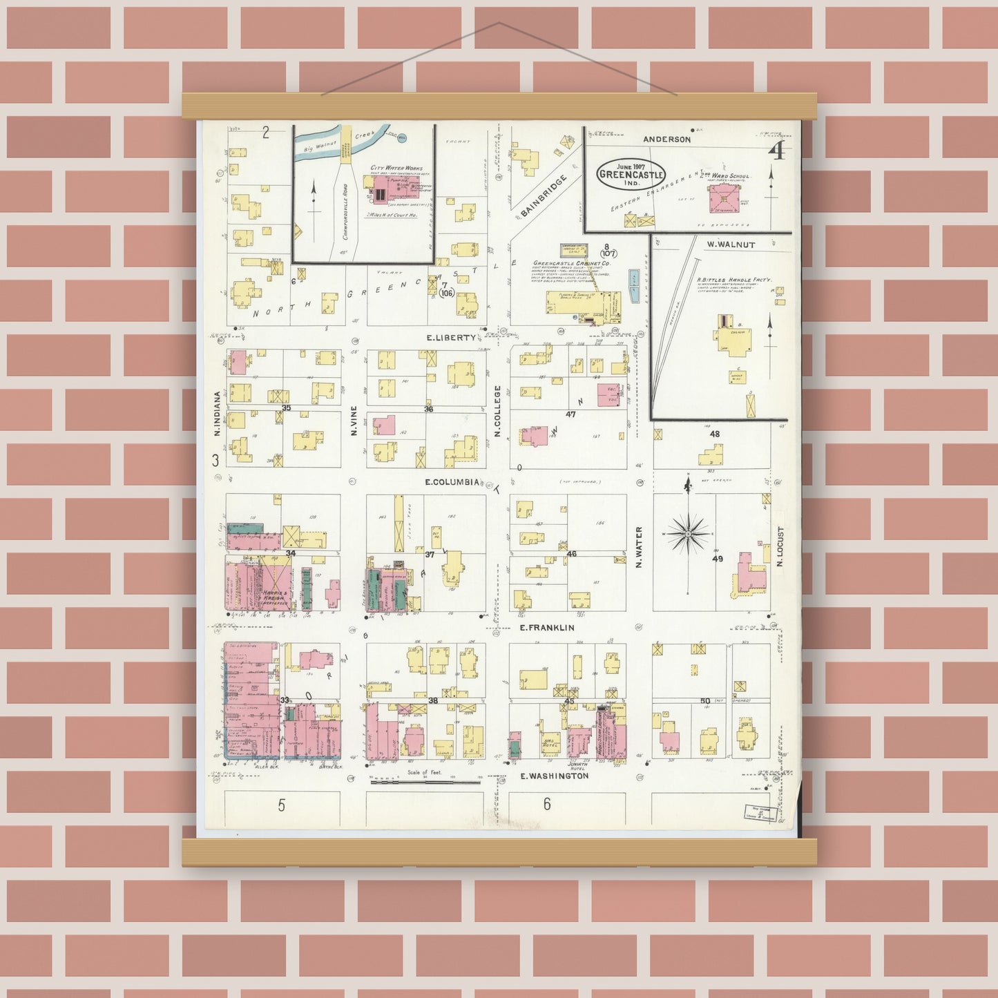 Old map wall art mockup — magnetic wood frame on brick wall — Sanborn Fire Insurance Map from Greencastle, Putnam County, Indiana (1907), Sheet #0004