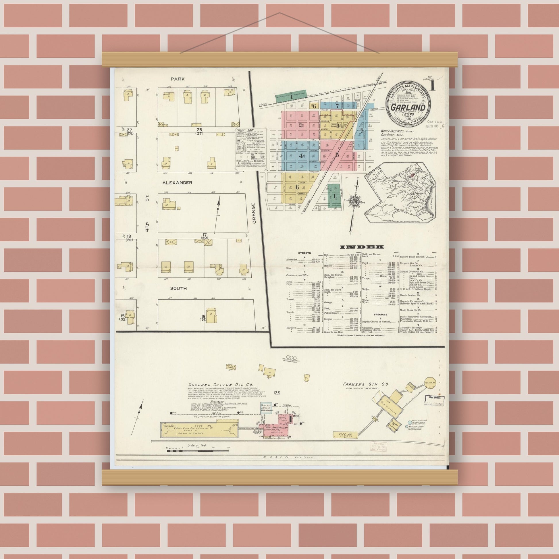 Old map wall art mockup — magnetic wood frame on brick wall — Sanborn Fire Insurance Map from Garland, Dallas County, Texas (1915), Sheet #0001