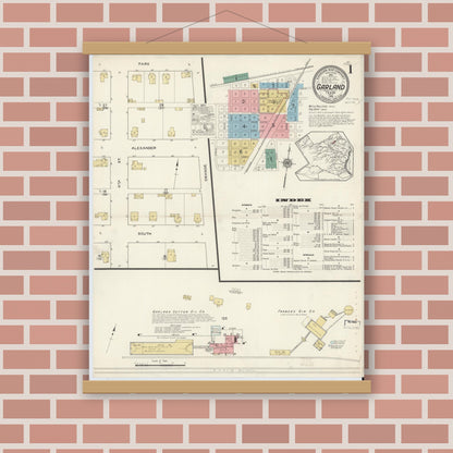Old map wall art mockup — magnetic wood frame on brick wall — Sanborn Fire Insurance Map from Garland, Dallas County, Texas (1915), Sheet #0001