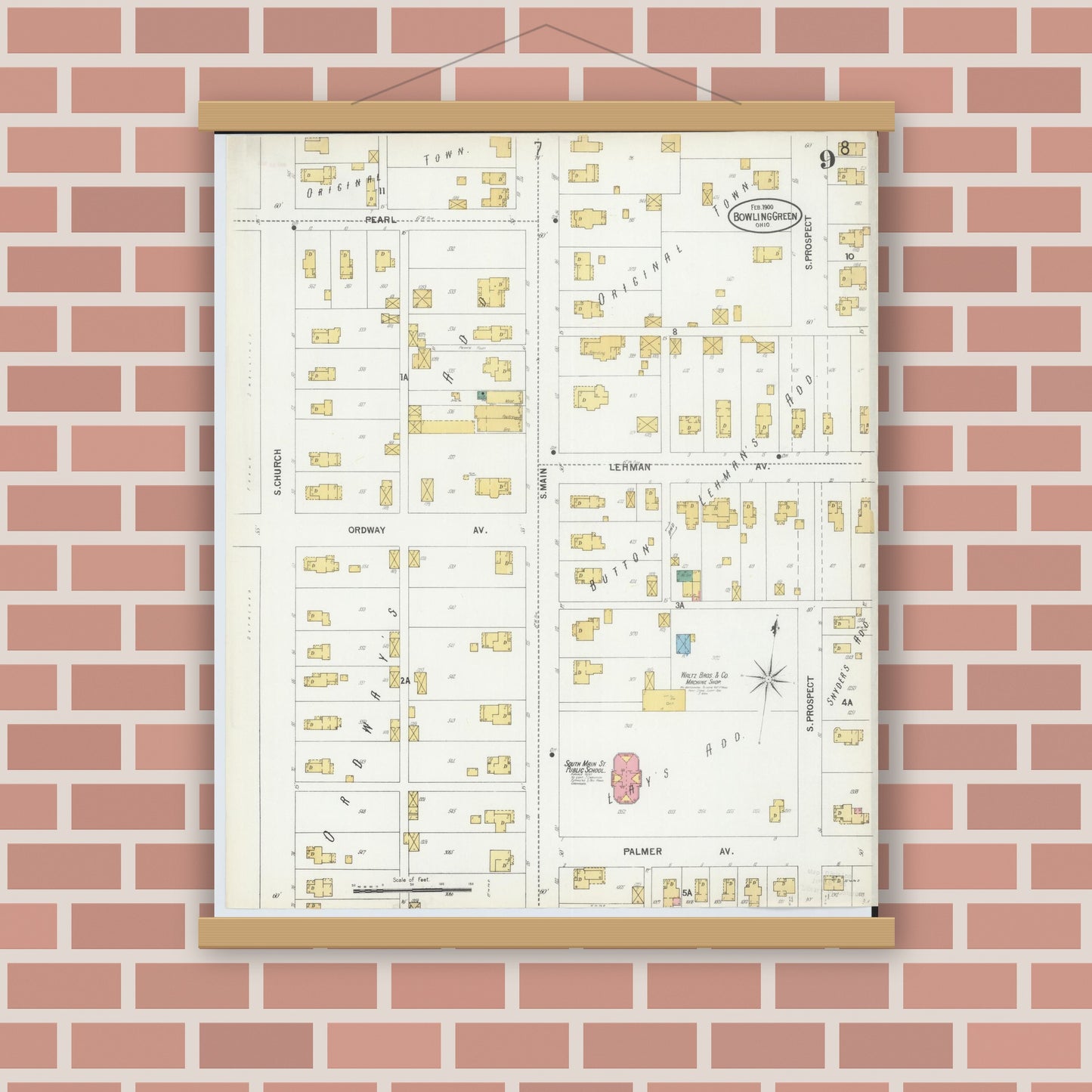 Old map wall art mockup — magnetic wood frame on brick wall — Sanborn Fire Insurance Map from Bowling Green, Wood County, Ohio (1900), Sheet #0009